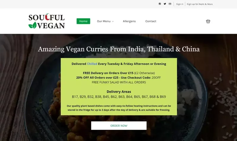 Website snapshot of the Soulful Vegan food delivery service in Birmingham